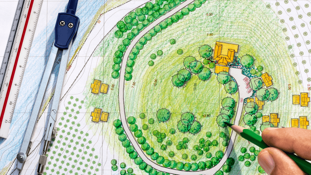 A landscape planner puts the finishing touches on a design for a house