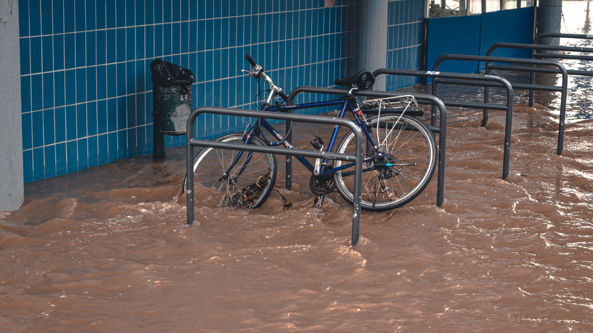 a bike in a flooded walkway