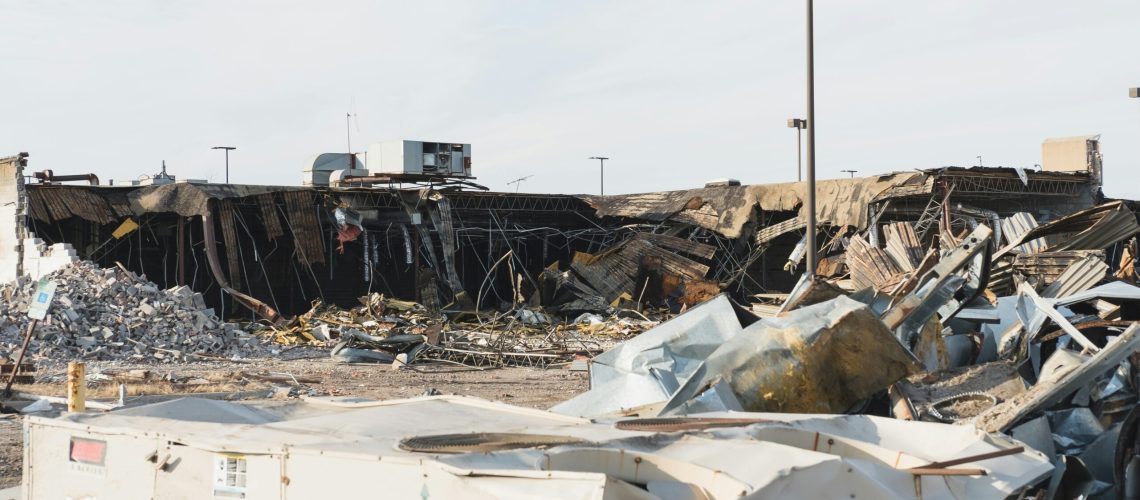 Disaster response site with a collapsed building