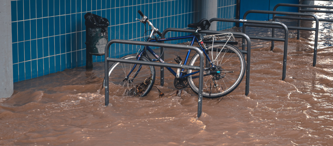 a bike in a flooded walkway