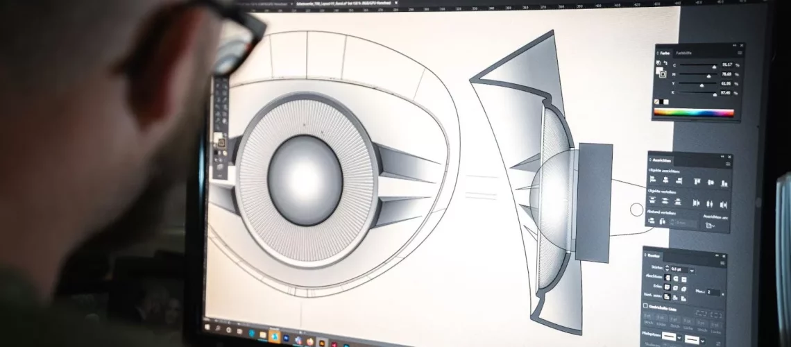 Man with glasses looking at computer screen wtih CAD software being used